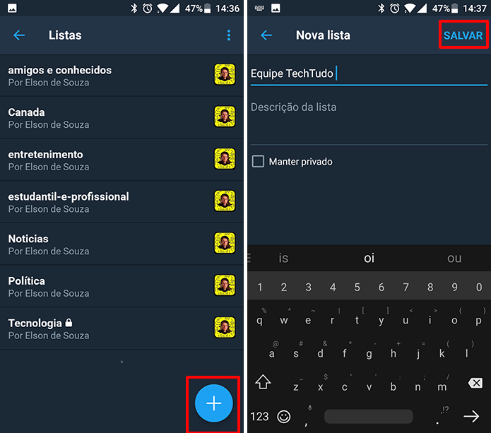 Toque no botão + para criar lista do Twitter no Android (Foto: Reprodução/Elson de Souza) (Foto: Toque no botão + para criar lista do Twitter no Android (Foto: Reprodução/Elson de Souza)) Toque no botão + para criar lista do Twitter no Android (Foto: Reprodução/Elson de Souza) (Foto: Toque no botão + para criar lista do Twitter no Android (Foto: Reprodução/Elson de Souza))
