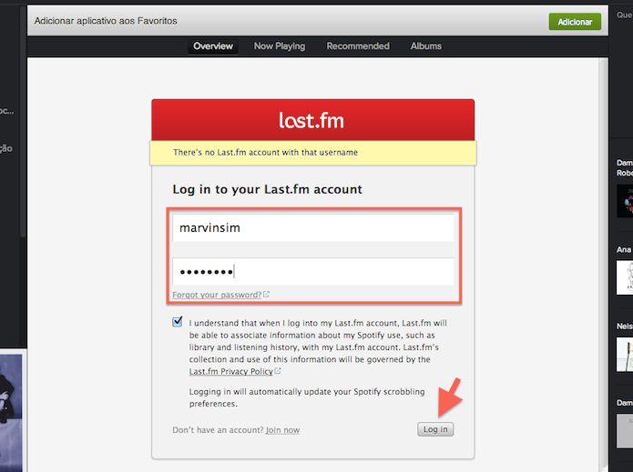 Realizando login na extensão do Last.fm no Spotify (Foto: Reprodução/Marvin Costa)