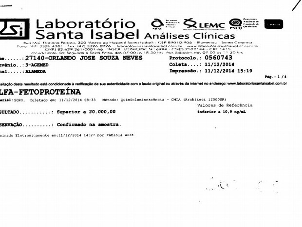 Exame de Orlando Neves em dezembro, quando foi diagnosticado (Foto: Reprodução)