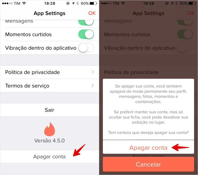 Apagando a sua conta do Tinder (Foto: Reprodução/Helito Bijora)