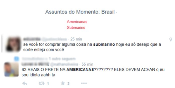 Submarino e Americanas.com entraram para os trends do Twitter (Foto: Reprodução/Carol Danelli) Submarino e Americanas.com entraram para os trends do Twitter (Foto: Reprodução/Carol Danelli)