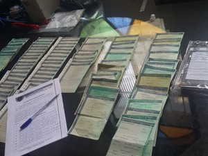 Polícia apreendeu mais de 200 documentos, que podem ser do lote extraviado do Departamento Nacional de Trânsito do Piauí em 2014. (Foto: Chiybunga/SSPMA)
