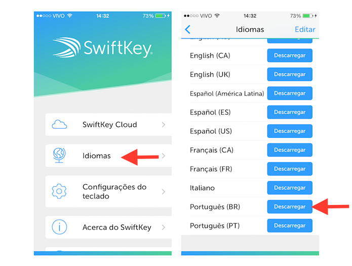 Baixando o idioma português para a lista do teclado SwiftKey no iOS 8 (Foto: Reprodução/Marvin Costa)