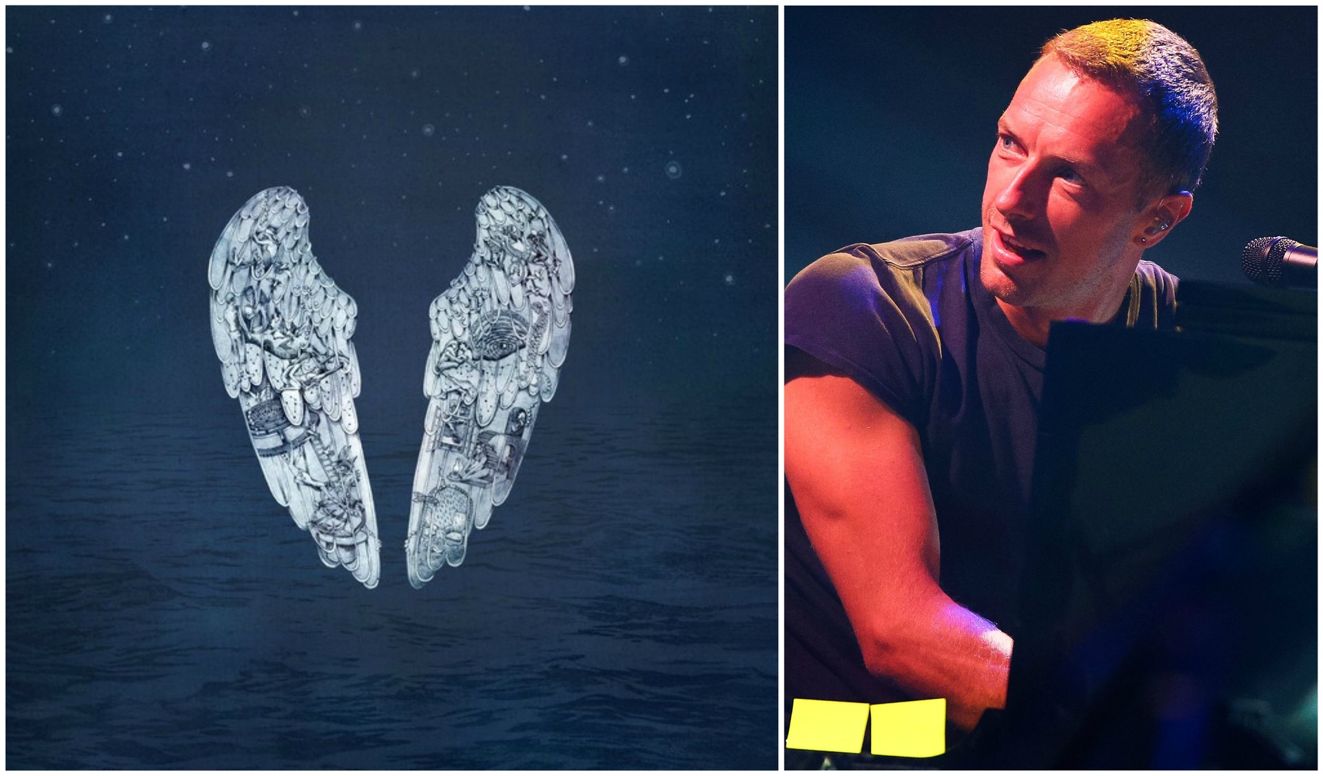 Chris Martin, vocalista do Coldplay, e a capa de 'Ghost Stories'. (Foto: Getty Images)