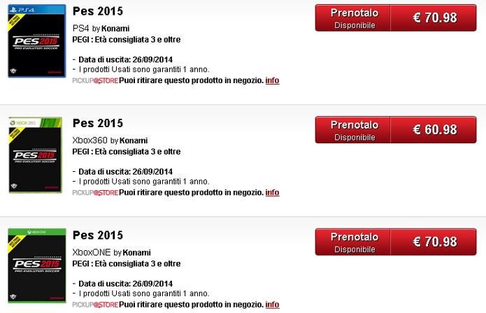 PES 2015 aparece lista na loja GameStop da Italia para PlayStation 4 e Xbox One (Foto: Reprodução)