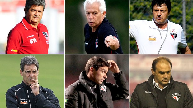 montagem técnicos São Paulo Ney franco, Émerson leão, Adilson Batista, Paulo César Carpegiani, Sergio Baresi e Ricardo Gomes (Foto: Editoria de Arte / Globoesporte.com)