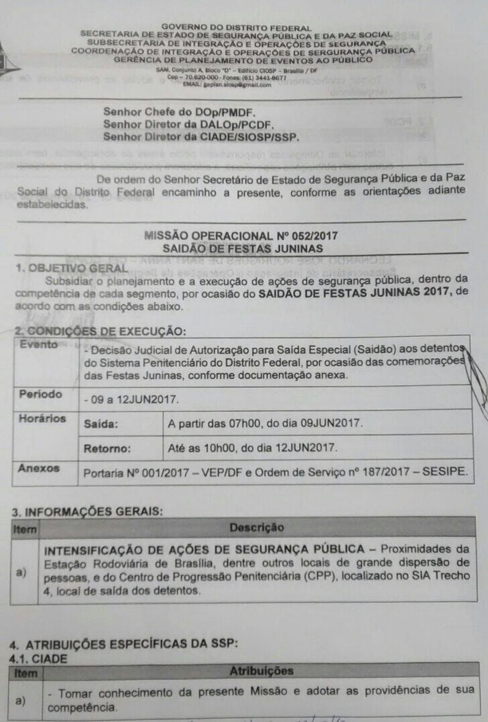 Documento interno da SSP que trata dos preparativos para o 'saidão de festa junina' (Foto: Reprodução)