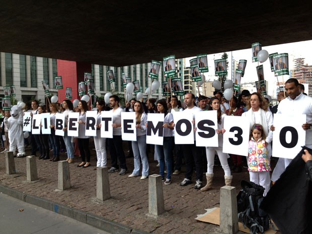Ativistas do Greenpeace pedem a libertação dos 30 detidos, incluindo uma brasileira, na Rússia (Foto: Eduardo Carvalho/G1)