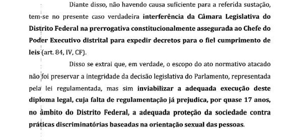 Trecho do pedido da Procuradoria-Geral do DF para STF suspender decreto legislativo (Foto: Reprodução)