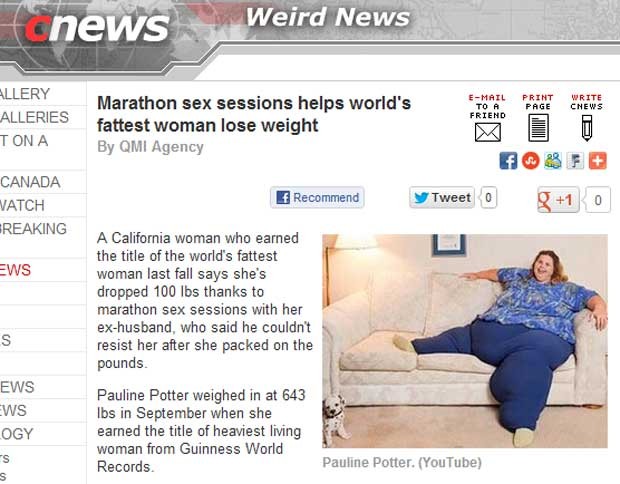 Reportagem relata o caso da mulher que diz que perdeu 50 quilos graças a maratona de sexo (Foto: Reprodução)