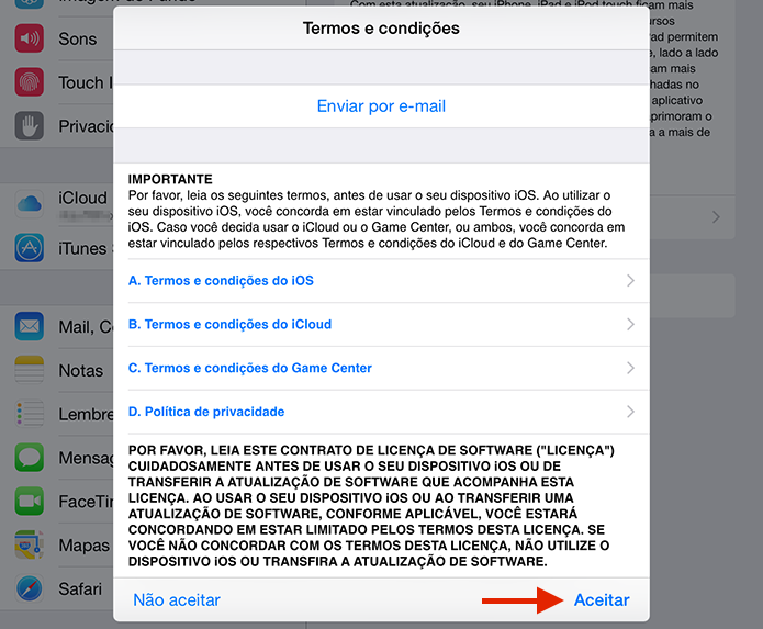 Aceitando os termo e condições para instalação do iOS 9 (Foto: Reprodução/Marvin Costa) Aceitando os termo e condições para instalação do iOS 9 (Foto: Reprodução/Marvin Costa)