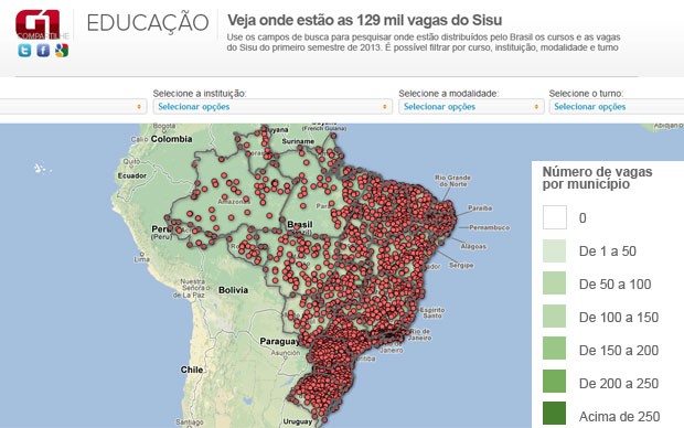 Mapa do G1 mostra onde estão as mais de 129 mil vagas do Sisu 2013 (Foto: G1)