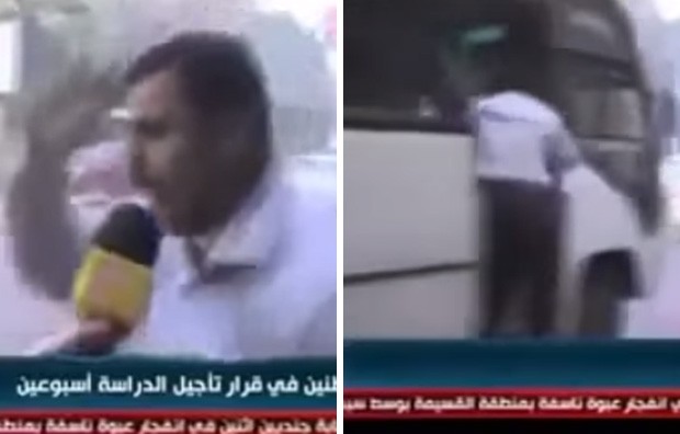 Sequncia mostra que, aps um 'at logo', homem abandonou reprter e pegou nibus em movimento (Foto: Reproduo/YouTube/Arabic Tv)