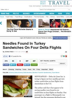 Agulhas foram encontradas em sanduíches de quatro voos que partira de Amsterdã com destino aos EUA (Foto: Reprodução)