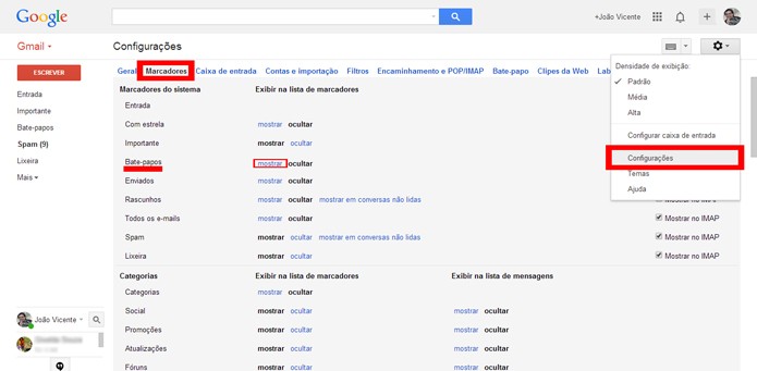 Opção permite controlar quais marcadores serão exibidos no menu do Gmail (foto: Reprodução/Gmail)