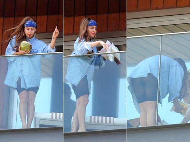 Cantora americana Lady Gaga em três tempos na sacada de hotel em Ipanema: tomando água de coco, jogando biscoito para o público e de costas para a praia (Foto: Delson Silva/AgNews)