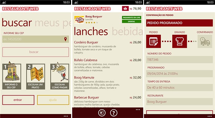RestauranteWeb é um aplicativo para que busca lanchonetes com serviço de delivery (Foto: Divulgação/Windows Phone Store)
