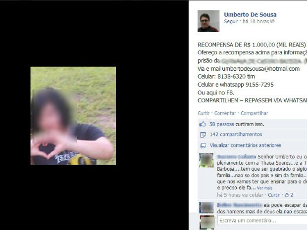 Post no Facebook de Umberto de Sousa, pai da vítima (Foto: Reprodução/Facebook)