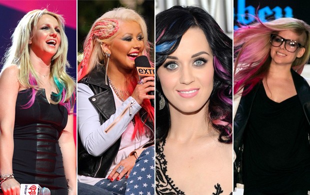 Multi cabelos coloridos - Britney, Christina, Katy e Avril (Foto: Reprodução) Multi cabelos coloridos - Britney, Christina, Katy e Avril (Foto: Reprodução)