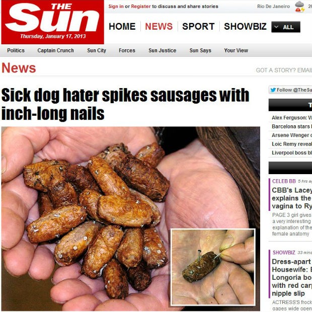 Suspeito espalha salsichas com pregos em parque no Reino Unido para ferir ces (Foto: Reproduo/The Sun)
