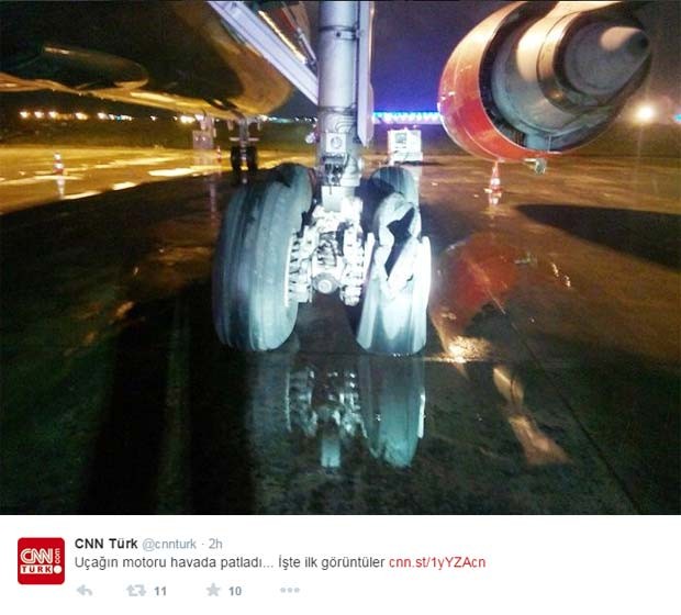 A CNNTürk divulgou fotos roda destruída de avião da Qeshm Air que sofreu acidente nesta quinta (9) em aeroporto de Istambul (Foto: Reprodução/ Twitter/ CNN)