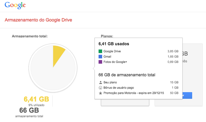 Espaço de armazenamento combinado de Gmail, Fotos e Google Drive (Foto: Reprodução/GoogleDrive) Espaço de armazenamento combinado de Gmail, Fotos e Google Drive (Foto: Reprodução/GoogleDrive)