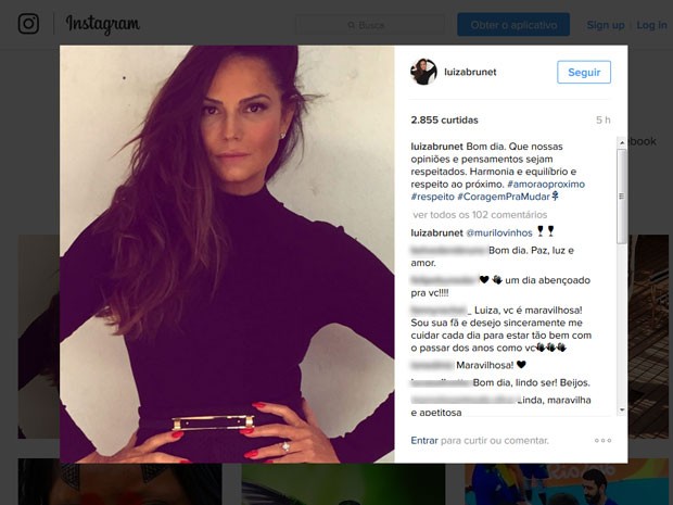 Em seu Instagram, Luiza Brunet recebe elogios dos fãs; apesar disso, modelo relatou ter sido ofendida por comentários de algumas pessoas (Foto: Reprodução/Instagram)