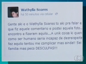 Mensagem deixada por Wathyla em uma rede social (Foto: Reprodução/TV Anhanguera)