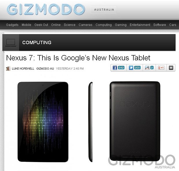 Site 'Gizmodo' publicou fotos e detalhes de tablet do Google chamado Nexus 7 (Foto: Reprodução)