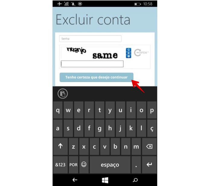 Confirme a senha e código de verificação para apagar a conta (Foto: Reprodução/Helito Bijora) Confirme a senha e código de verificação para apagar a conta (Foto: Reprodução/Helito Bijora)