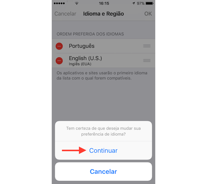 Opção para salvar as novas configurações de idiomas e regiões do iOS (Foto: Reprodução/Marvin Costa)