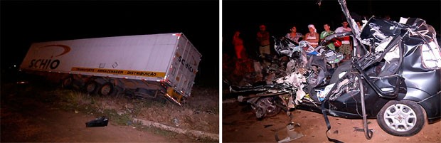 Carreta saiu da pista e o Fiat Uno ficou completamente destruído após a colisão na BR-304, em Macaíba (Foto: Reprodução/Inter TV Cabugi)