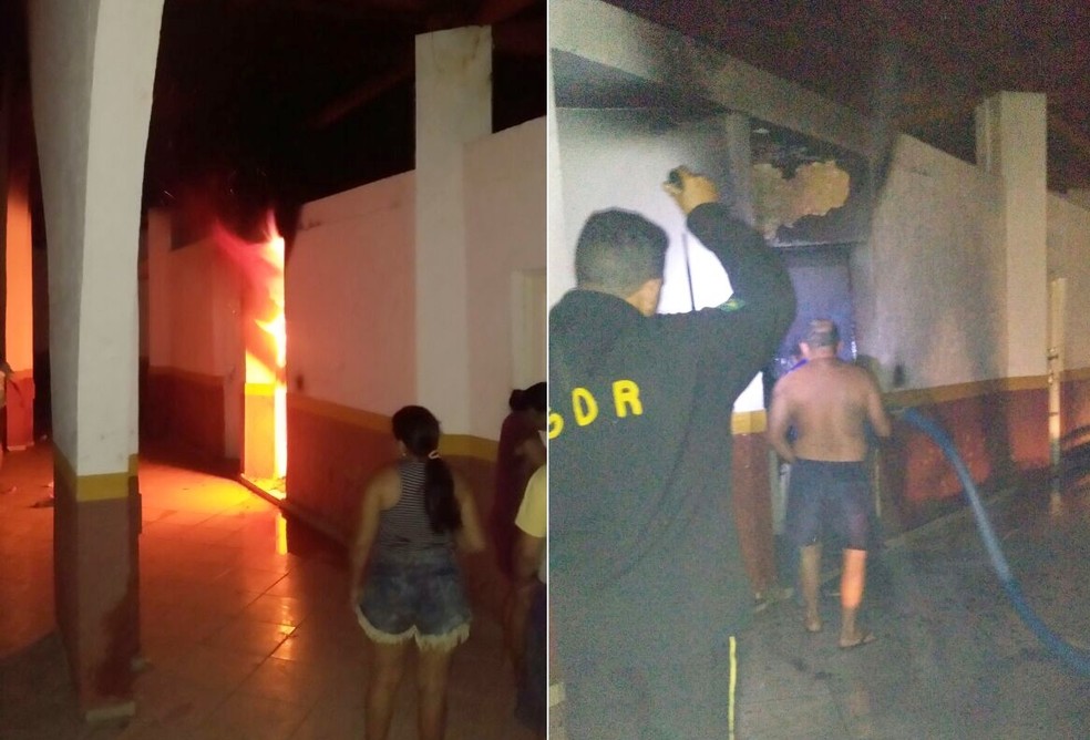 Populares usaram uma mangueira para conter as chamas (Foto: PM/Divulgação)