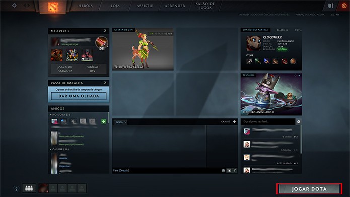 A opção Jogar Dota fica no canto inferior direito da tela (Foto: Reprodução/ Bernardo Dabul)