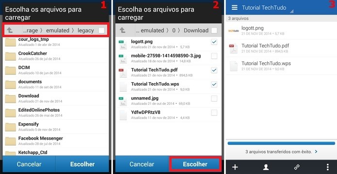 Janelas para selecionar arquivos do Android que serão salvos na nuvem (Foto: Reprodução/Raquel Freire)