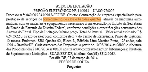 Trecho do Diário Oficial do DF com informações sobre pregão eletrônico que prevê gasto de R$ 624,6 mil com bebidas quentes (Foto: Diário Oficial do DF/Reprodução)