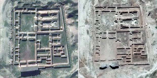 Cmbinação de fotos de satélite de 12 de janeiro (esquerda) e 3 de junho (direita) mostram o antes e depois da destruição do Templo de Nabu, no Iraque (Foto: UNITAR / AFP)