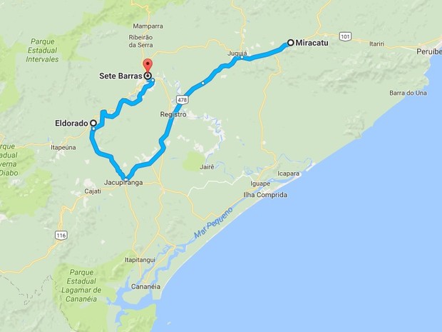 Últimos registros da jiboia do Ribeira foram em Miracatu, Eldorado e Sete Barras (Foto: Reprodução/Google)