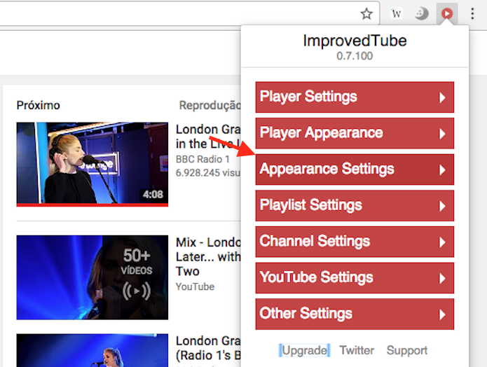 Caminho para acessar as opções para modificação da aparência do YouTube da extensão ImprovedTube (Foto: Reprodução/Marvin Costa)