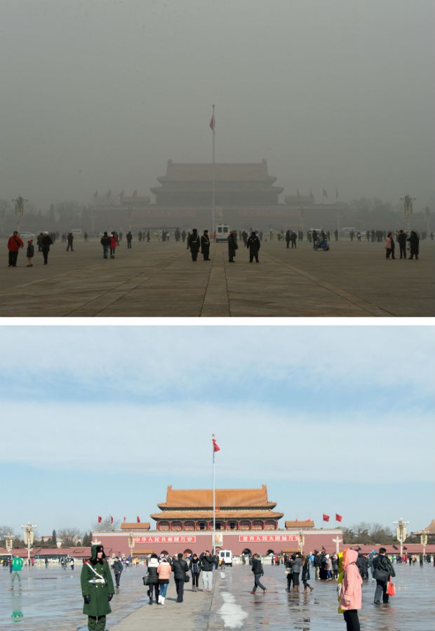 Pequim, na China, em 31 de janeiro (acima) e em 1º de fevereiro (abaixo) (Foto: MARK RALSTON ED JONES / AFP)