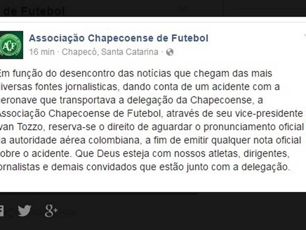 Chapecoense informa que espera notícias oficiais das autoridades colombianas (Foto: Reprodução / Twitter / Chapecoense )