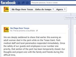 No Facebook, parque confirma morte no complexo, mas não dá detalhes do caso. (Foto: Reprodução / Facebook / Six Flags Over)