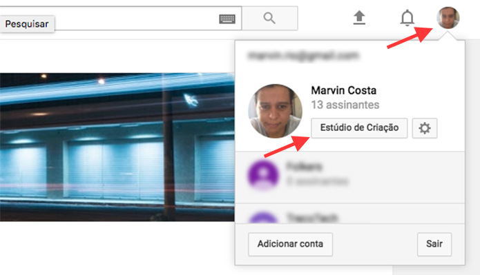 Caminho para acessar as ferramentas do estúdio de criação em um canal do YouTube (Foto: Reprodução/Marvin Costa)