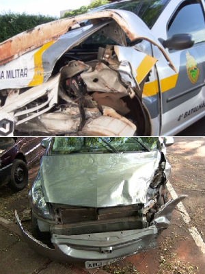 Os carros da polícia e da família ficaram bastante danificados por causa da batida, em Maringá (Foto: Reprodução/RPC TV)