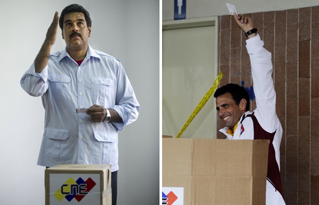 À esquerda, candidato Nicolás Maduro, herdeiro político de Chávez; à direita, candidato Henrique Capriles, de oposição (Foto: Raul Arboleda/Ronaldo Schemidt/AFP)