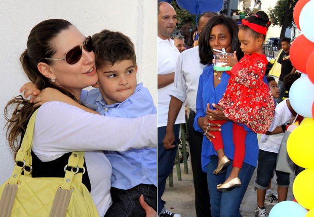 Lavinia Vlasak e Glória Maria com os filhos (Foto: Alex Palarea e Daniel Delmiro / Ag. News)