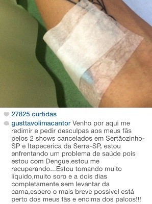 Internado com dengue em Goiânia, Goiás, Gusttavo Lima se desculpa por cancelar shows (Foto: Reprodução/Instagram)