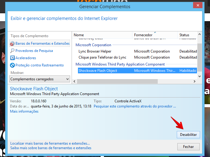 Desativando complemento do Internet Explorer (Foto: Reprodução/Helito Bijora)