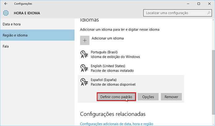 Defina o espanhol como língua padrão enquanto o Windows instala o pacote de idiomas (Foto: Reprodução/Paulo Alves)