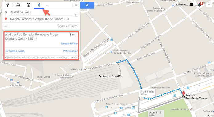 Visualizando uma rota a pé com o Google Maps (Foto: Reprodução/Marvin Costa)